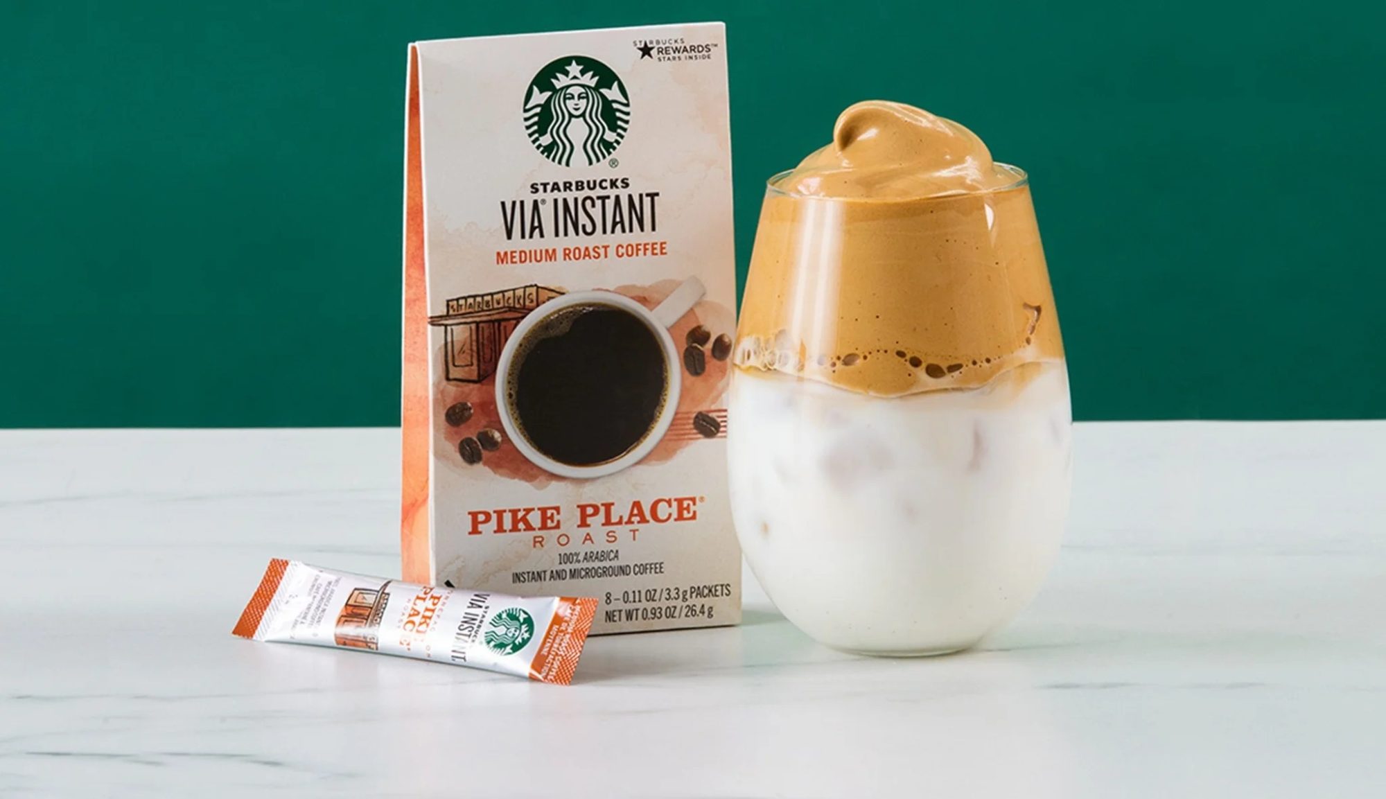 A starbucks mug with a cup of coffee and a starbucks bar, complete with an easy to follow recipe and ingredients list.