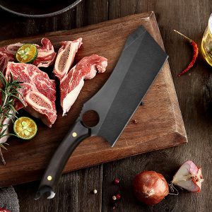 A mouthwatering recipe with a High Carbon Steel Japanese Cleaver Chef Knife on a cutting board showcasing the delicious meat ingredient.
